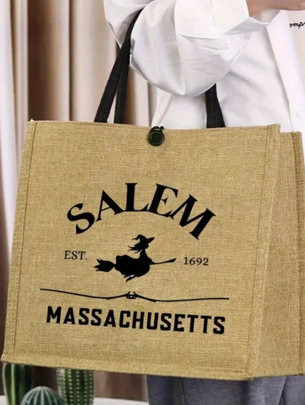 Salem Massachusetts Linen Tote in Tan and Black